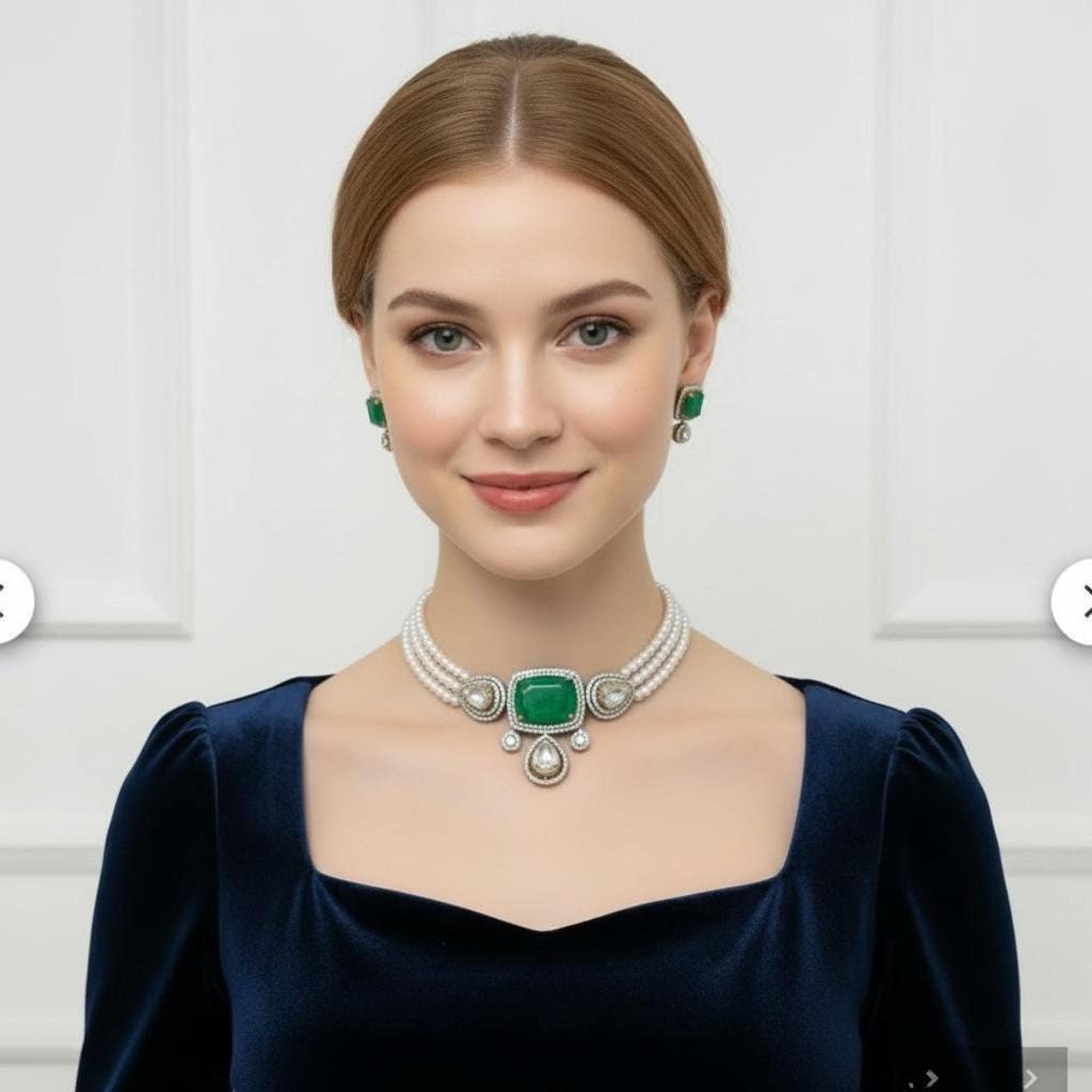 Pearl 3 strand choker with emerald and polki stones and earrings: statement necklace