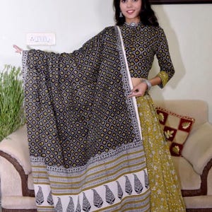 Bagru Hand Block printed Cotton Designer Top &Skirt with MulMul dupatta blouse -38 skirt length- 40 &#39;,  top length-16&quot;, dupatta size 2.5 mt.