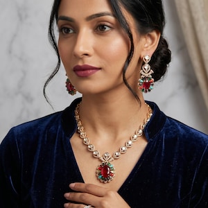Ruby Doublet and Polki Kundan Necklace & Earrings.  Multi semi precious stone. Sabyasachi inspired jewelry