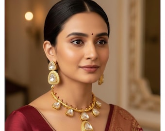 Moissanite polki kundan fusion necklace with earrings
