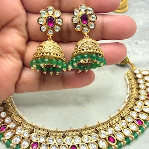 Moissanite polki tyaani inspired  Kundan Necklace with semiprecious stones and onyx beads with Earrings/moissanite/kundan/Party wear .