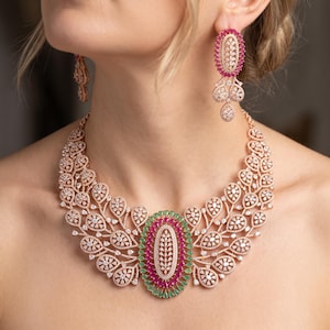 Statement Necklace Set, Hazuri Laal Inspired With Ruby Emerald Stones