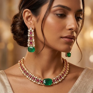 May include: A gold-toned necklace and matching drop earrings set featuring large, rectangular-cut green stones as centerpieces, accented by smaller oval-cut pink stones and clear white crystals arranged in a multi-layered, structured metal design.