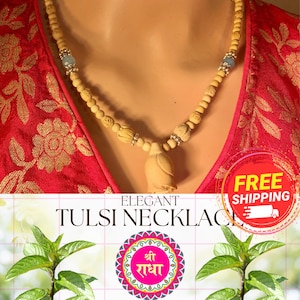 Sri Radha Tulsi Necklace with Rose Pendant from Mayapur- Pure Tulsi Mala with Radha&#39;s Name Carved on Beads
