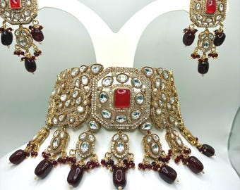 Moissanite Polki kundan with coral Doublet pendant choker with earrings.