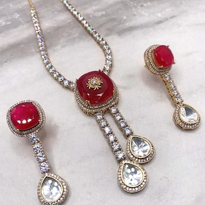 Sabyasachi inspired necklace with earrings with moissanite polki  kundan design with doublet stone pendant and earrings