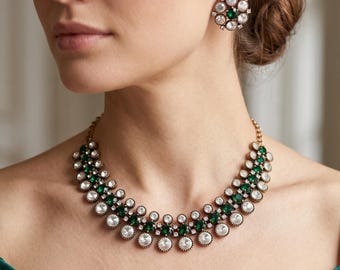 Kundan Necklace Set With Green Emerald Stones, Bronze Statement Jewelry