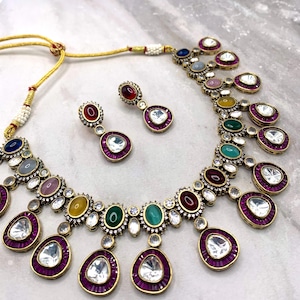 Sabyasachi inspired necklace and  earrings/ polki kundan/jadau design/vintage fusion/ stone work/navaratan/moissanite kundan/victorian