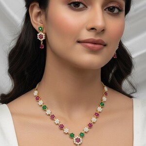 Pearl  Necklace with dangle Earrings & bangle set -2.4 (Multi-Color) with emerald and ruby stones