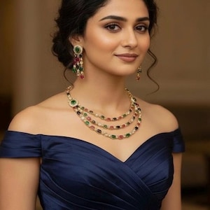 Emerald,Ruby and tanzanite  semi precious stones 3 layer necklace with earrings: Statement jewelry