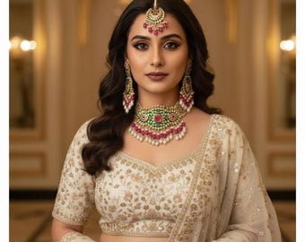 Kundan Jewelry Set With Bronze Choker, Long Earrings and Maang Tikka