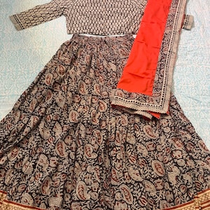 Bagru Hand Block printed Cotton Designer Top &Skirt with MulMul dupatta blouse 40 skirt length- 40 &#39;,  top length-16&quot;, dupatta size 2.5 mt.