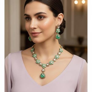 Moissanite polki Kundan Necklace and Earrings: Sabyasachi Inspired Doublet Stone Jewelry, Mint green image 1