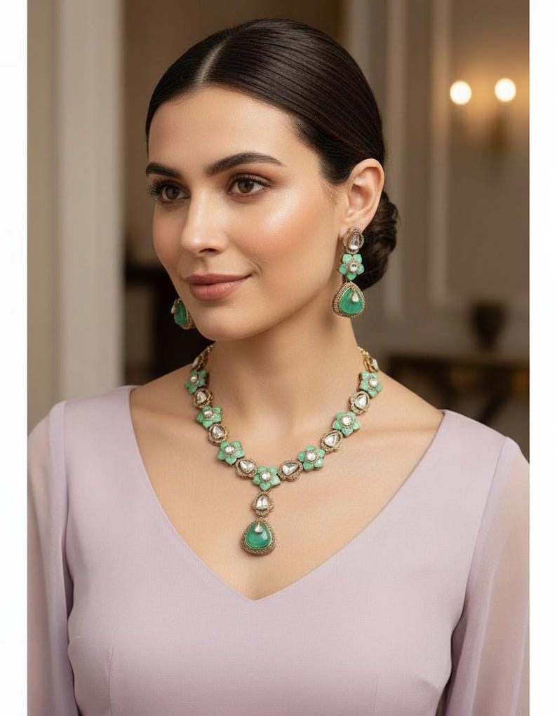 Moissanite polki Kundan Necklace and Earrings: Sabyasachi Inspired Doublet Stone Jewelry, Mint green image 1