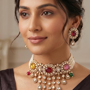Moissanite polki Kundan Choker and earrings with Doubket stones : statement jewelry