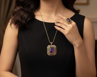 14k Gold Finish Amethyst Doublet Jewelry Set, Hand Carved Pendant, Ring & Earrings