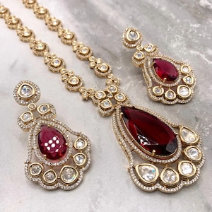 Sabyasachi inspired necklace with earrings with moissanite polki  kundan design with doublet stone pendant and earrings