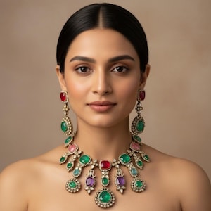 RaniWala Inspired Polki Kundan Necklace and Earrings Set, Emerald Ruby Doublet Stones:constellation shower design.