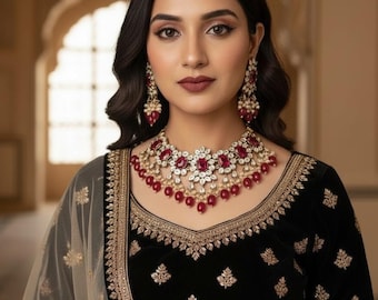 Moissanite Polki Kundan Choker Set: Semi Precious Stone Wedding Jewelry