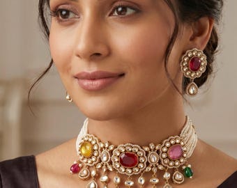 Polki Kundan Set, Bronze Moissanite Choker and Matching Earrings