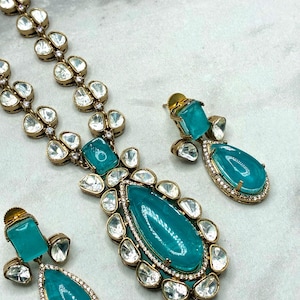 Sabyasachi inspired necklace with moissanite polki kundan work with Doublet pendant and  earrings