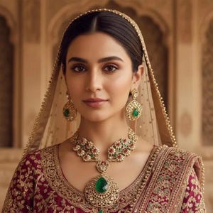 May include: A woman wearing a traditional Indian bridal ensemble. The outfit includes a maroon and gold embroidered top and veil, and ornate gold jewelry with emerald accents, including a necklace and earrings.