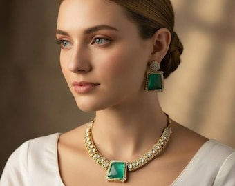 Sabyasachi inspired necklace with polki and mint green doublet stone pendant and earrings
