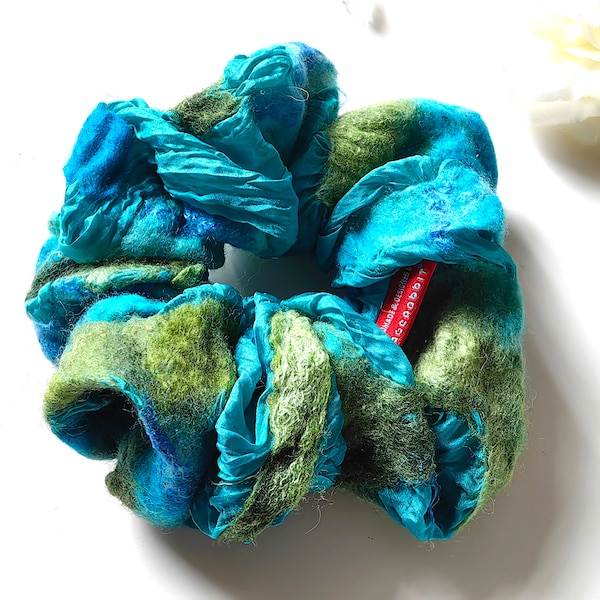 Wool Felted Turqoise Silk Handmade Scrunchie