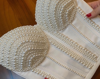 White Satin Corset Top with Pearl Embroidery – Lace Up Back Bridal Bustier for Wedding or Bachelorette
