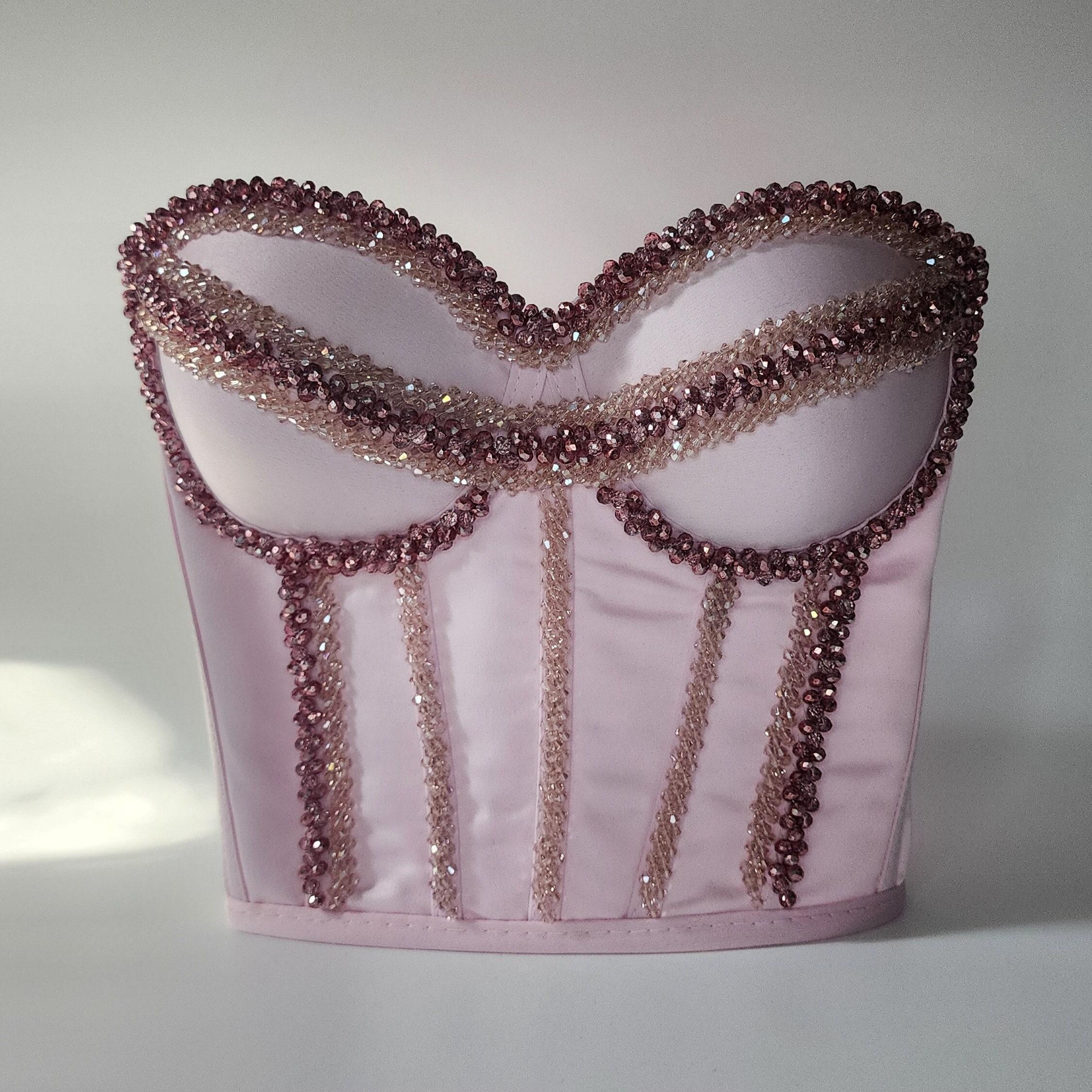 Pink Satin Rhinestone Embellished Corset Crop Top - Sparkly Bustier, Festival Outfit, Clubwear, Statement Corset Top