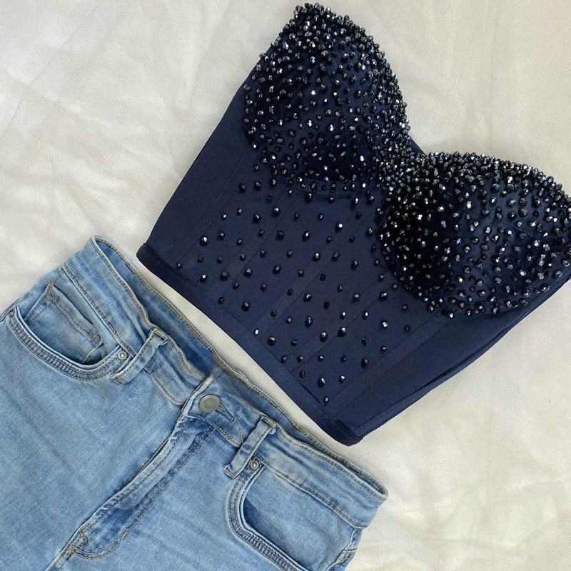 Club Cropped Women's Black Rhinestone Corset Top