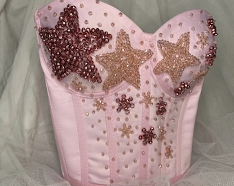 Pink Satin Rhinestone Corset Top: Strapless Crystal Bustier