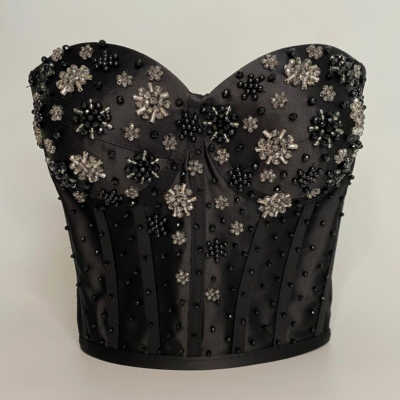 Black Satin Rhinestone Corset Top: Embellished Bustier - Etsy