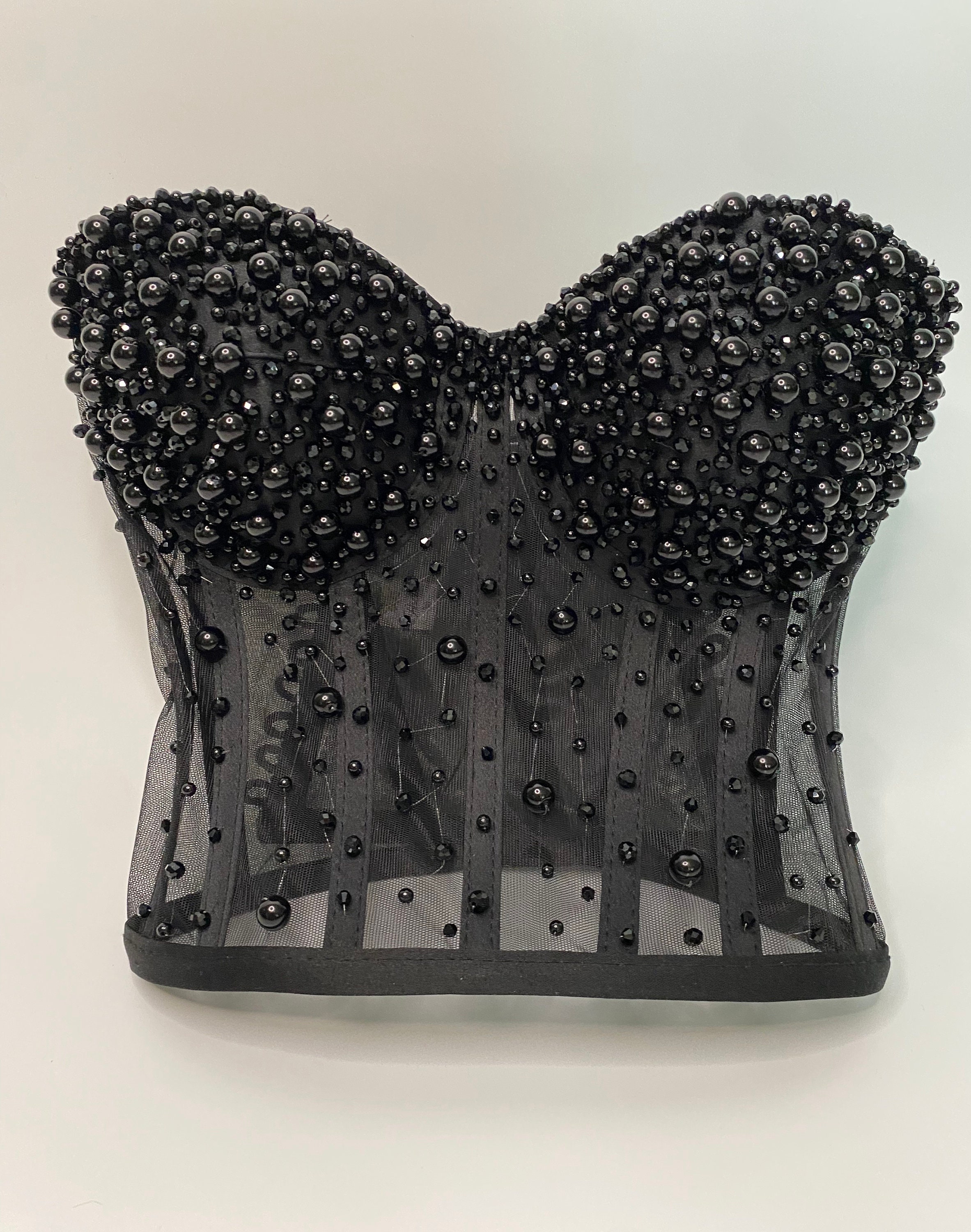 Black Beaded Corset Top – Sheer Mesh, Gothic Glam Partywear - Etsy display picture 1
