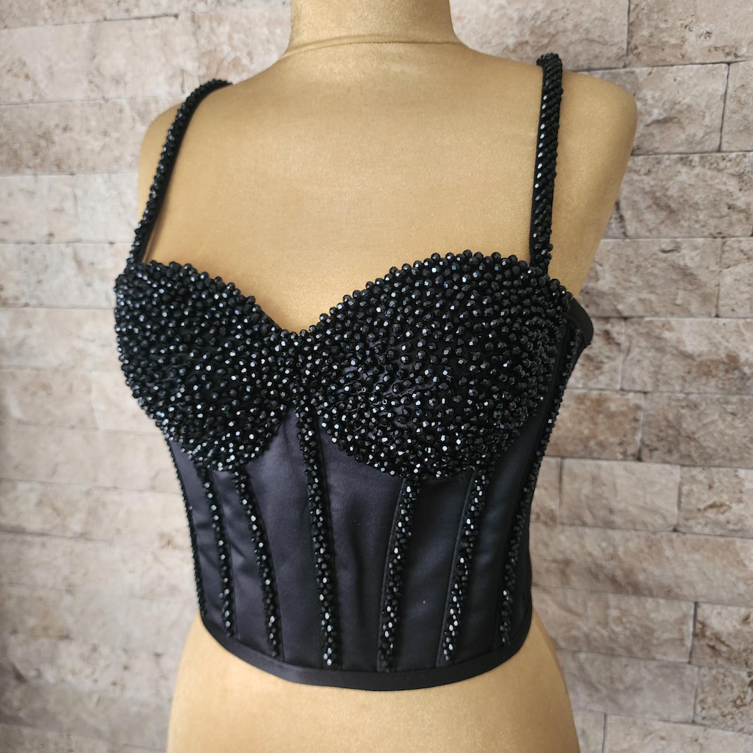 Black Satin Rhinestone Corset Crop Top: Sparkly Festival Bustier - Etsy