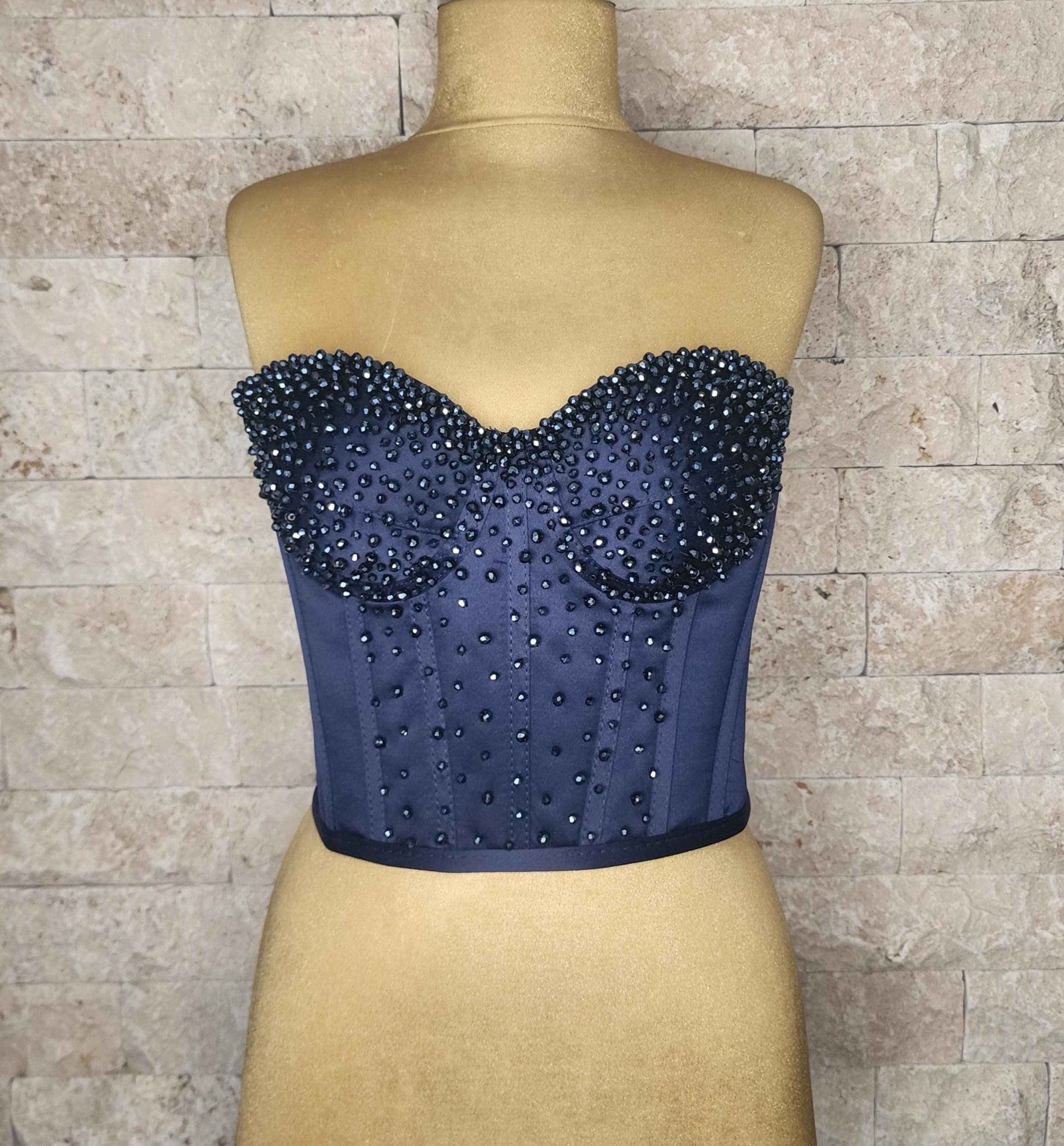 Midnight Blue Satin Rhinestone Corset Top: Luxe Crystal Bustier - Etsy