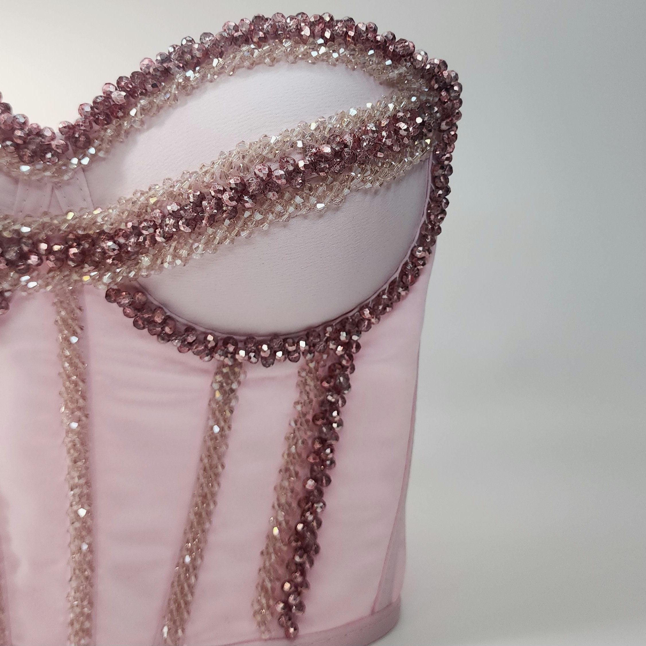 Pink Satin Rhinestone Corset Crop Top: Handmade Sparkly Bustier - Etsy