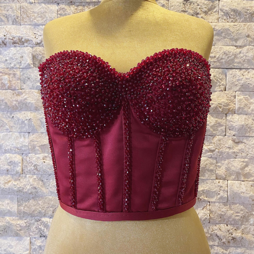 Red Satin Rhinestone Corset Crop Top: Sparkly Festival Corset - Etsy