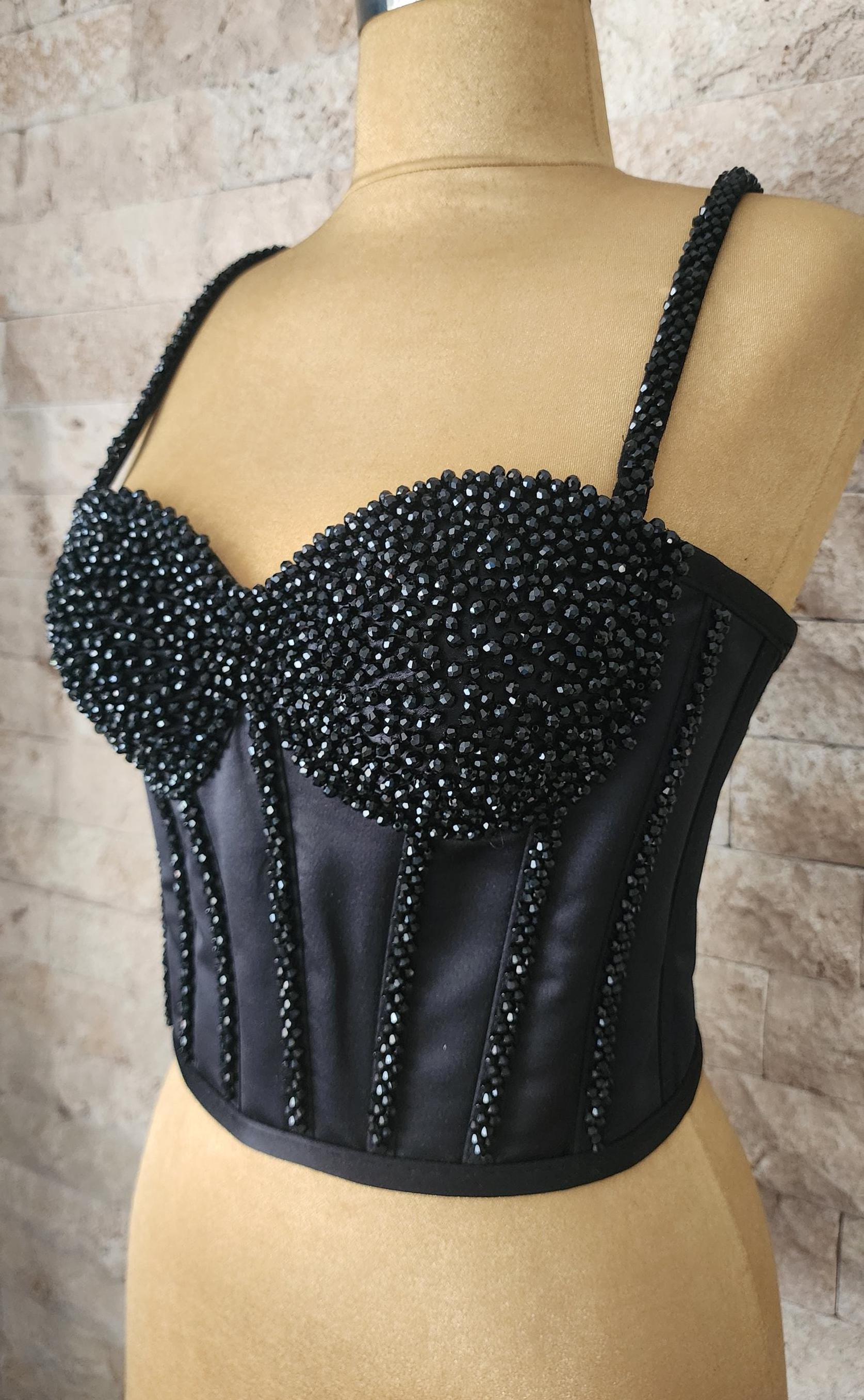 Black Satin Rhinestone Corset Crop Top: Sparkly Festival Bustier