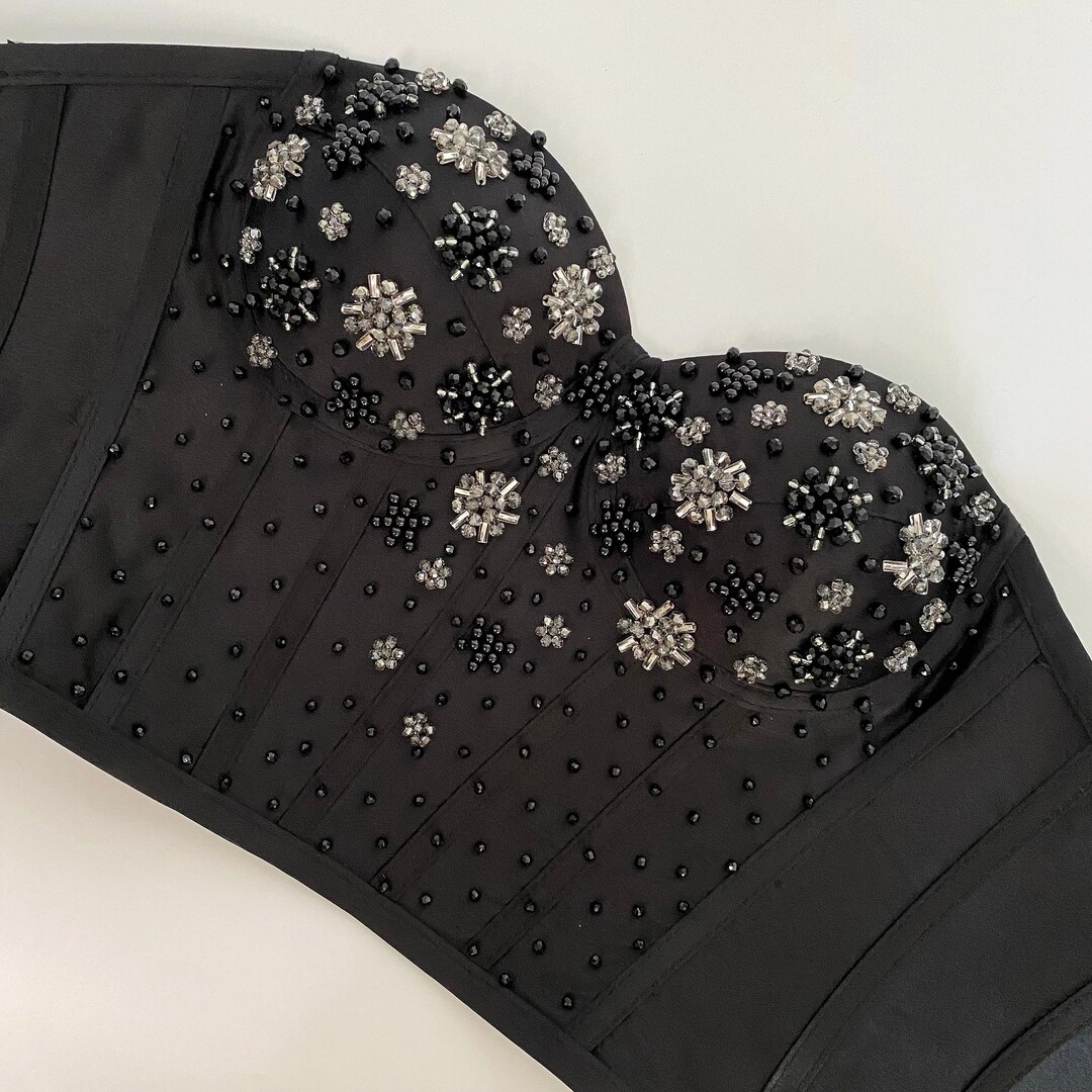 Black Satin Rhinestone Corset Top: Embellished Bustier - Etsy