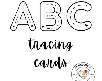 Puede incluir: Cartas de trazado para las letras A, B y C. Las letras están delineadas en negro con líneas discontinuas y flechas numeradas para mostrar el orden de trazado. Las letras están sobre un fondo blanco con una fila de lápices de colores en la parte superior e inferior de la imagen. La imagen también incluye un logotipo para Homeschool Studio Inc.