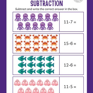May include: A printable worksheet with colorful illustrations of sea creatures, such as jellyfish, crabs, fish, and octopuses. The worksheet is designed for children to practice subtraction with problems like 11-7, 15-6, 12-6, and 11-5.
