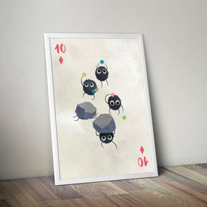 May include: A playing card with a ten of diamonds printed on it. The card features a cartoon illustration of five black fuzzy creatures with large eyes. The creatures are holding small colourful stars and standing on grey rocks.