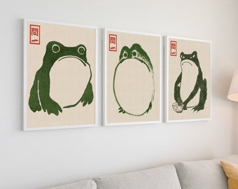 Matsumoto Hoji Frog Set of 3 Prints, Japanese Woodblock Wall Art