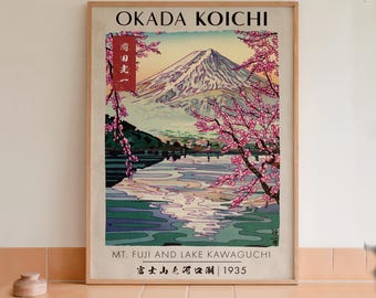Grabado japonés de Okada Koichi con la imagen del Monte Fuji en flor de cerezo.