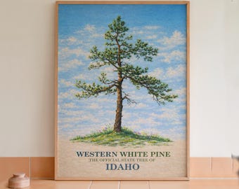Arte mural con lámina botánica del pino blanco occidental, árbol estatal de Idaho.