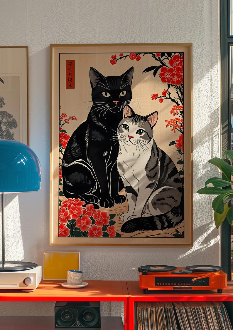 Japanese Cat Wall Art Vintage Ukiyoe Cat Poster Floral Animal ...