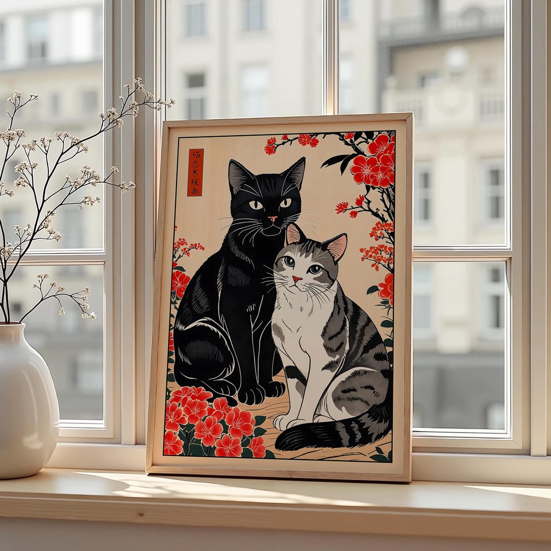 Japanese Cat Wall Art Vintage Ukiyoe Cat Poster Floral Animal ...