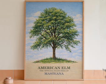 Arte mural con lámina botánica del olmo americano, árbol estatal de Massachusetts.