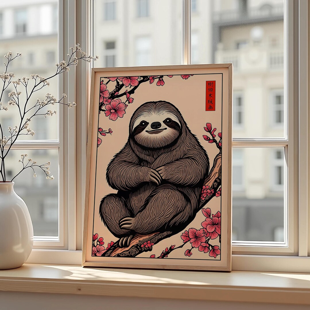 Sloth Japan Japanese Sloth Wall Art Vintage Sloth Poster Cherry Blossom Animal ...